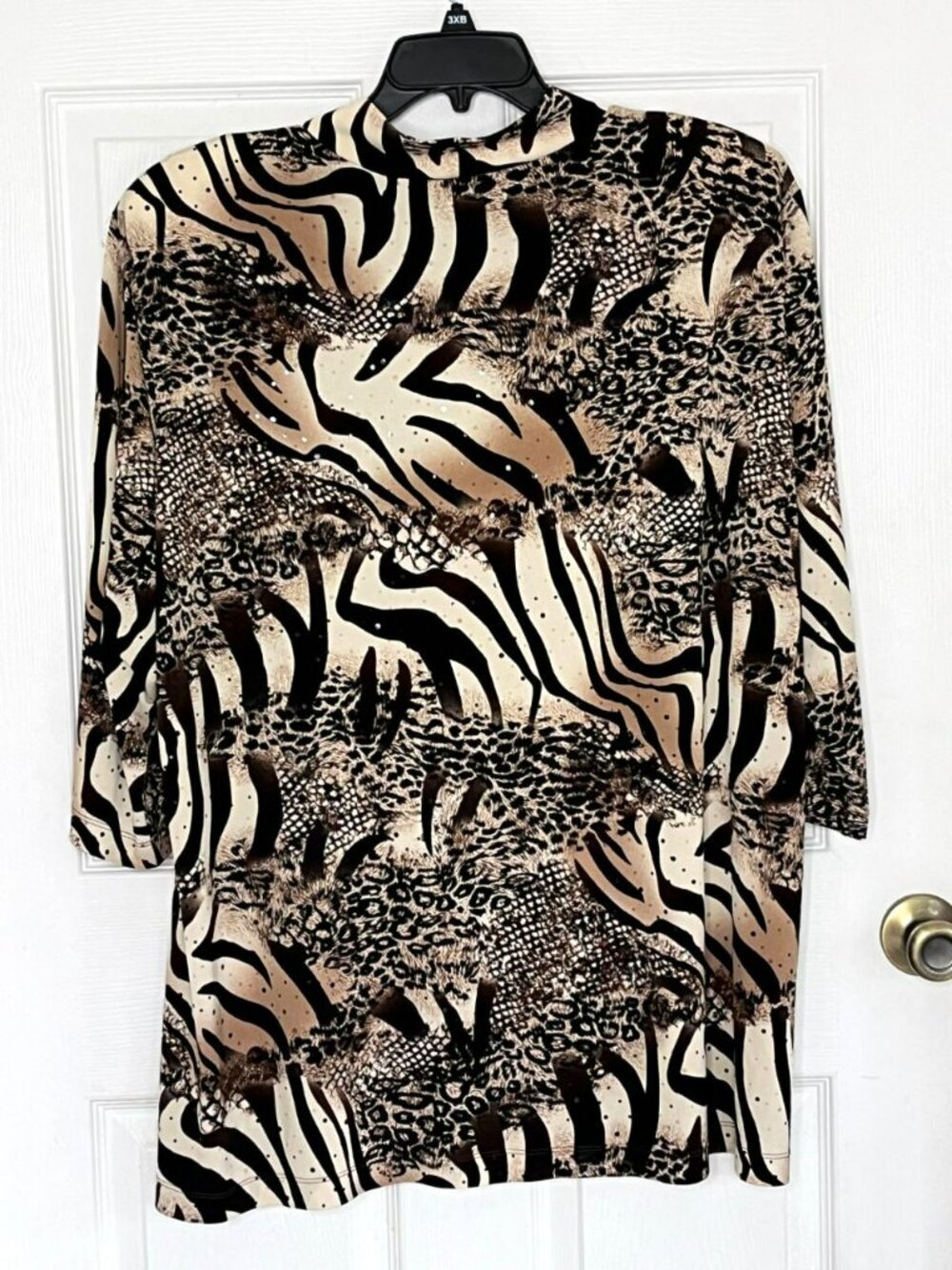 Susan Graver Blouse Top 3X Brown Black Animal Print Sequins 3/4 Sleeve Mock Neck - Picture 2 of 9